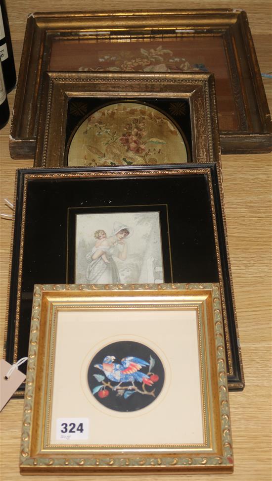 A 19th century silk picture, in verre eglomise gilt frame and three other pictures, 19 x 15cm